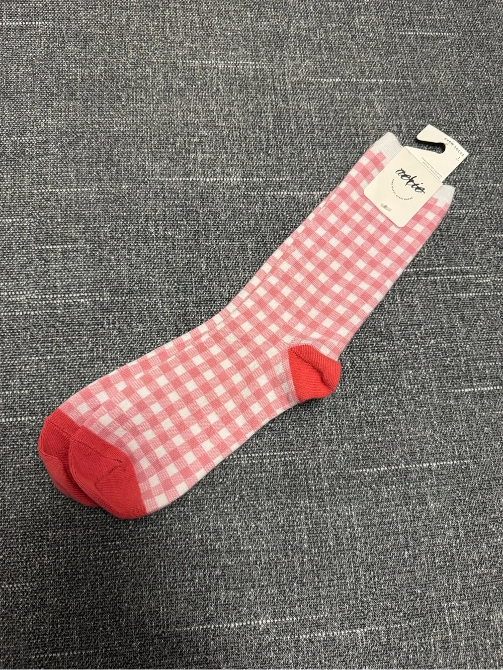 Aerie Pink Gingham Crew Socks with Red Toe and Heel